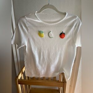 Womans White Fruit Embellished Beaded T-Shirt Soft Fabric